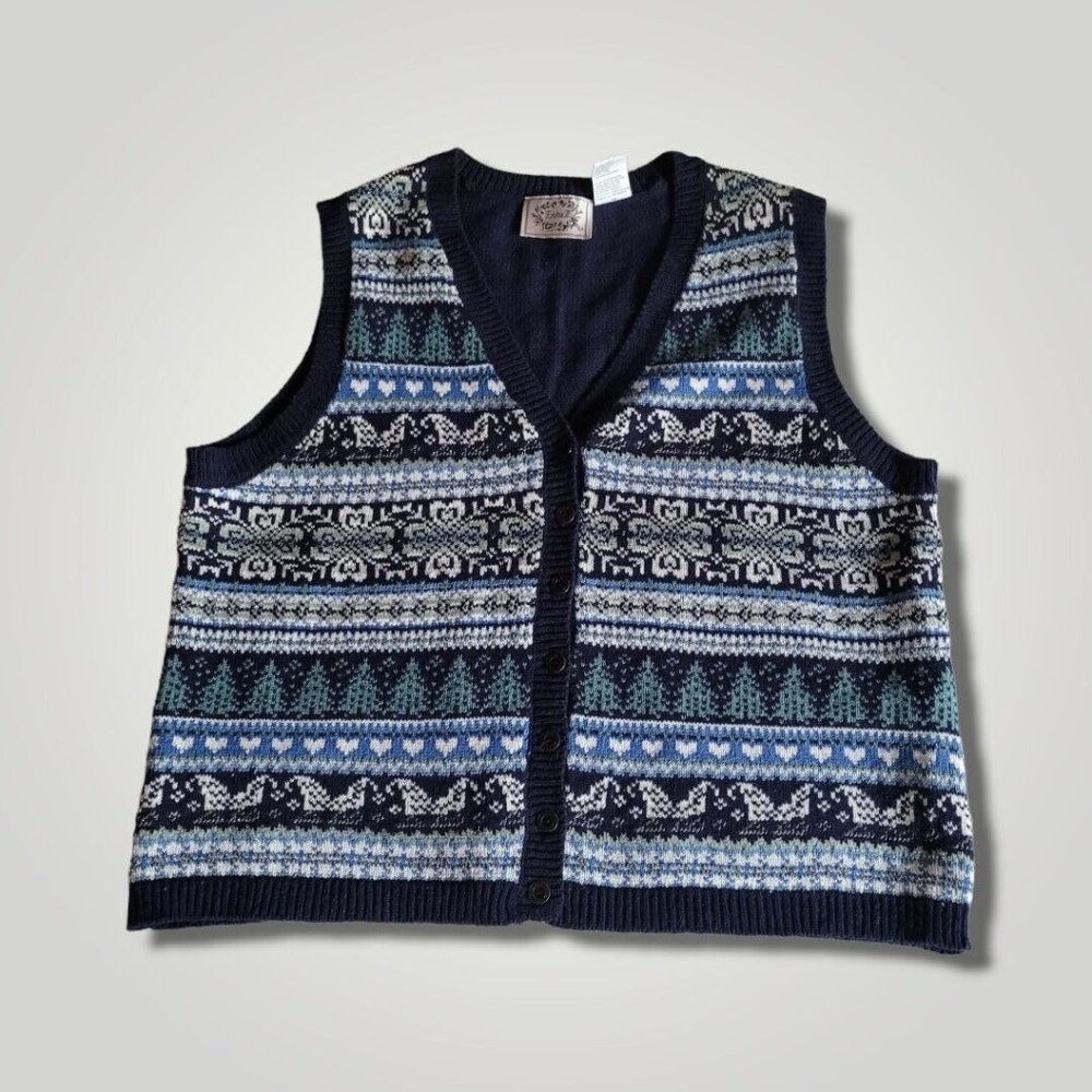 Erika II Vintage  Navy Multicolor Knit Vest Sweater Womens Size 1X  38/40